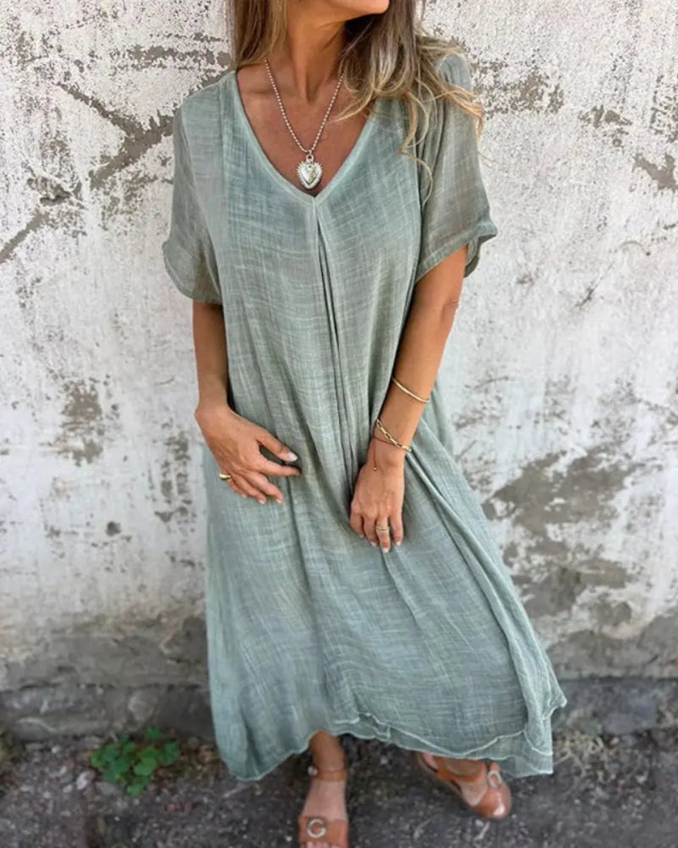 TF ~ V-NECK COTTON LINEN DRESS