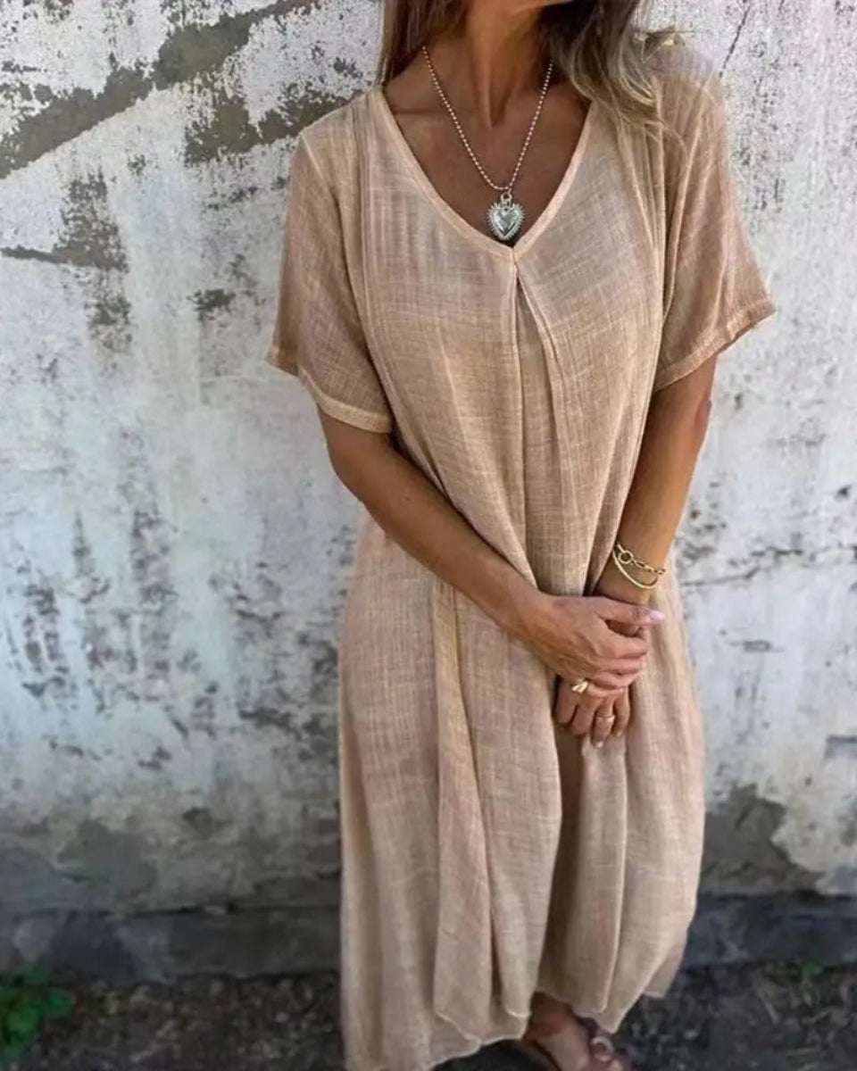 TF ~ V-NECK COTTON LINEN DRESS